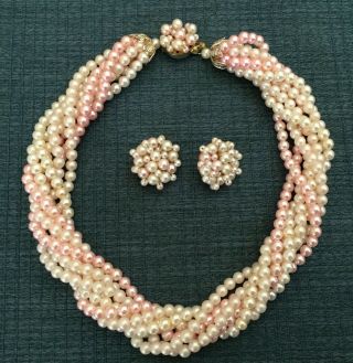 Vtg Multi - Strand Pink & White “pearl” Bead Necklace & Earring Set • Japan •mint