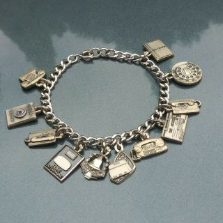 Vintage 1960s Sterling Silver Bell Systems Telephone Charm Bracelet 11 Charms