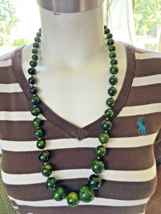 Vintage Marbled Green Yellow Bakelite Plastic Round Bead Necklace