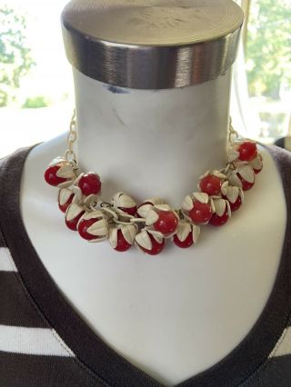 Vintage Rare Antique Celluloid Plastic Flower Necklace White Red