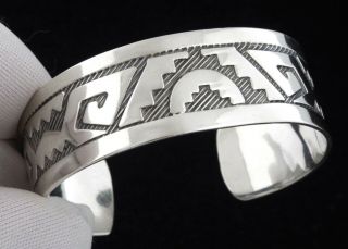 C1980 - Vintage Sterling Silver Engraved Designs Cuff Bracelet - Mexico