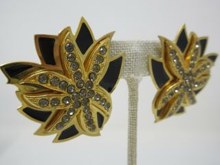 Berebi Vintage Signed Enamel Black / Gold Tone Rhinestone Large Floral Earrings