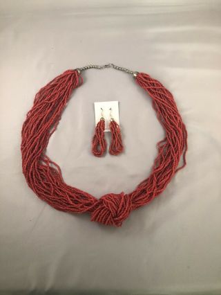 Vintage Estate Multi Strand 28 Inch Coral Necklace,  And Earrings W/silver
