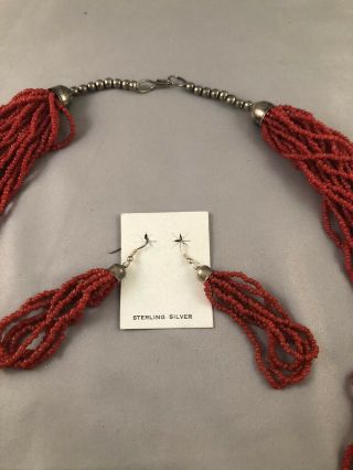 Vintage Estate MULTI Strand 28 Inch Coral NECKLACE,  And EARRINGS W/SILVER 2
