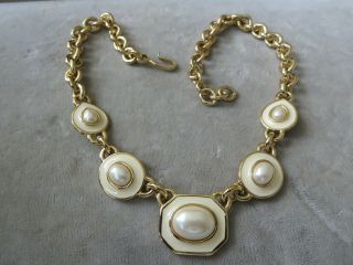 Vintage Monet Gold Tone Cream Enamel Faux Pearl Necklace