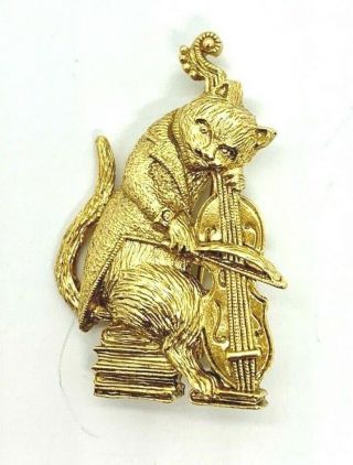Vintage Gold Tone Cat Kitten Playing The Cello Music Brooch Pin Jewelry