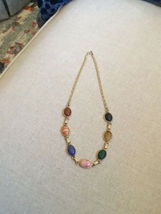 Vintage Scarab Gold Necklace,  7 Etched Stones,  Greek Key Designed Chain 15”