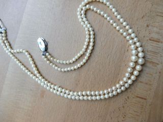 Vintage 2 String Graduated Pearl Necklace With A Silver And Marcasite Clasp