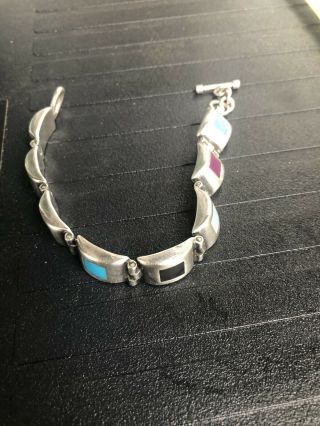 Vtg 925 Sterling Silver Large Multi - Color Gemstone Wide Link Bracelet 8” 42grams