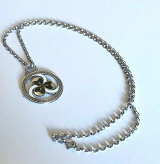 Art Deco Trefoil Guilloche Enamel Sterling Silver Clover Pendant & Belcher Chain