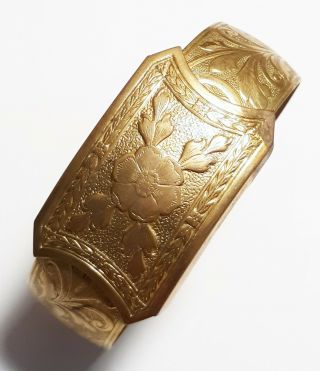 Antique Signed Leach & Miller Goldtone Floral Designs Rare Wide Bangle Bracelet