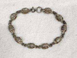 Vintage Sterling Silver Egyptian Revival Scarab Bracelet 8” Long
