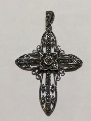 Vintage Sterling Silver 925 Marcasite Victorian Style Cross Crucifix Pendant