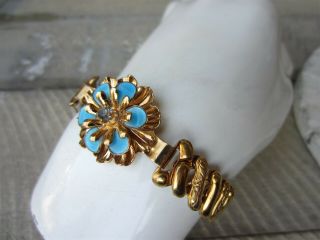 Vtg Barclay 12kt Gold Filled Rhinestone Blue Enamel Flower Expansion Bracelet