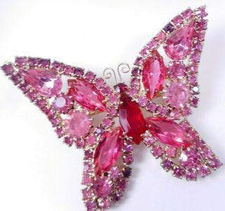 Vtg Signed Weiss Pink & Red Rhinestone Butterfly Brooch Glass Prong Set Stones