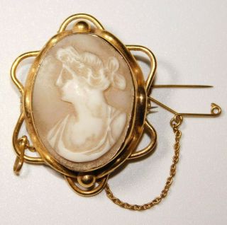 Antique Victorian Carved Portrait Shell Lady Cameo Rolled Gold Brooch Pin