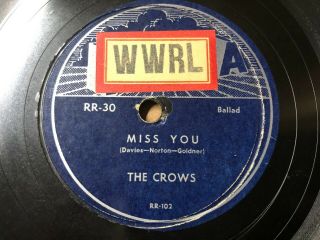 The Crows 1954 Doo Wop 78 Miss You / I Really Really Love You On Rama Vg,  /vg,