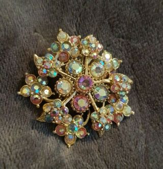 Vintage Goldtone Ab Flower Brooch Pin Aurora Borealis Crystal Costume Jewelry