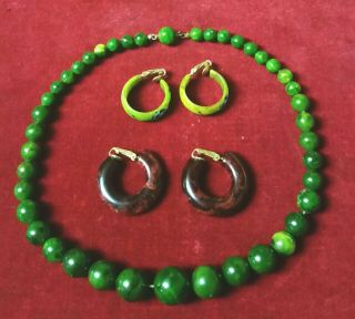 Vintage Bakelite Mixed Pea Green Art Deco Necklace Earrings 3 Pc