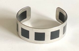 Vintage Silver Tone Square Black Enamel 7/8 " Wide Cuff Bracelet 7 "