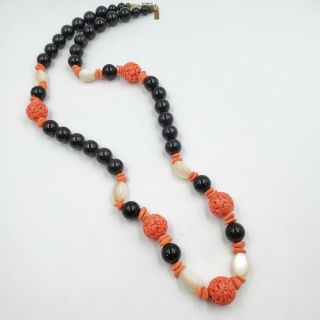 Vintage Signed Pauline Rader Faux Coral Mother Of Pearl Black Bead Long Necklace