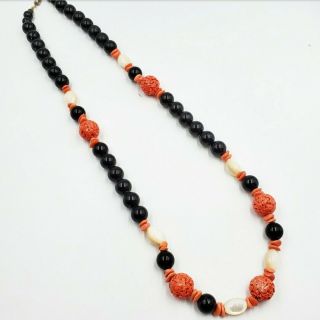 Vintage Signed PAULINE RADER Faux Coral Mother of Pearl Black Bead LONG Necklace 2