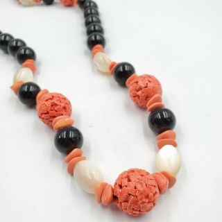 Vintage Signed PAULINE RADER Faux Coral Mother of Pearl Black Bead LONG Necklace 3