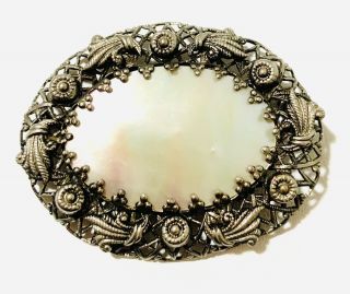 Antique Art Deco Silver Tone Filigree & Mother Of Pearl Brooch