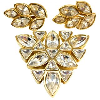 Vtg Swarovski Signed Sal Huge Gold Crystal Pin Brooch Earrings Set Runway - 3