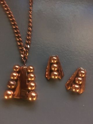 Renoir Copper Necklace And Earring Set Vintage Atomic Modernist Look Rare