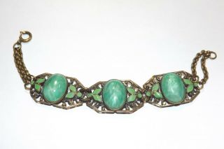 Antique 20’s Czech Art Deco Green Cabochon Gemstone Enamel Bracelet