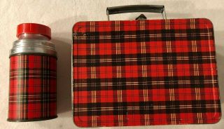 Vintage Ohio Art Plaid Metal Lunchbox With Matching Thermos