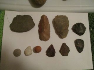 Group Of 13 Ancient Native American Artifacts:axe Head,  Shaping Tool,  Arrowheads
