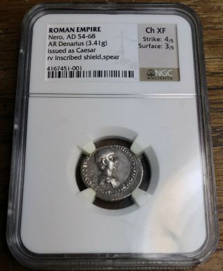 Roman Empire Nero Ad 54 - 68 Ar Silver Denarius 3.  41 G Issued As Cesar Ch Xf Ngc