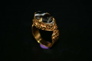 Authentic Ancient Bactrian Gold Ring With Rare Ancient Stripped Agate Stone Top