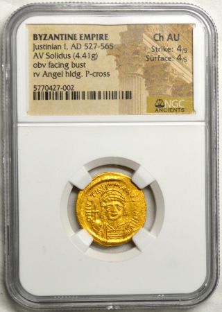 Byzantine Empire Justinian I Av Solidus Gold Ngc Choice Au 4/5 - 4/5 Rare Grade
