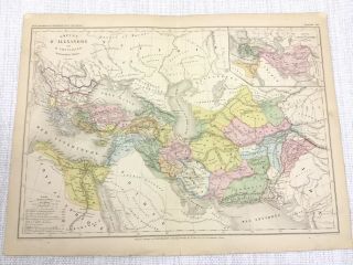 1877 Antique Map Of Ancient Greece Alexander The Great Hand Coloured French