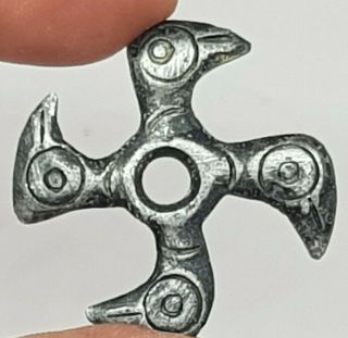 Extremely Rare Ancient Viking Silvered Triskele Pendant With Four Raven Heads