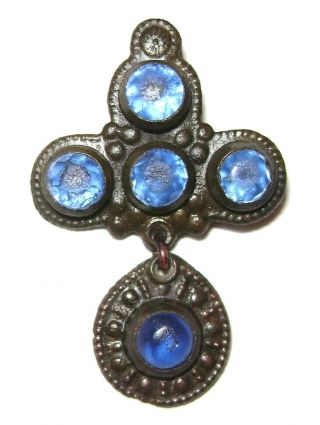 Ancient Very Rare Medieval Bronze Pectoral Cross Pendant With Five Blue Stones.