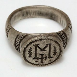 Museum Quality Ancient Byzantine Bronze Decorated Ring With Follis Symbol & Cros