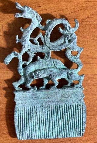 RARE ANCIENT NEAR EASTERN BRONZE AX - OBJECT WITH DRAGON AND LION HEADS 151mm 3