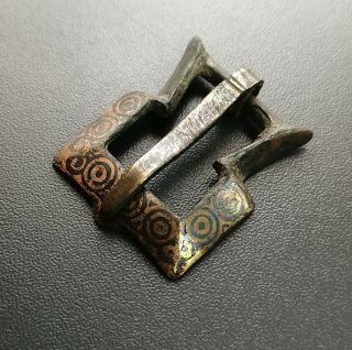 Ancient Viking Bronze Buckle With Silver Inlay
