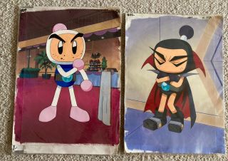 2 Large Bomberman Japanese Animation Production Cels With Backgrounds