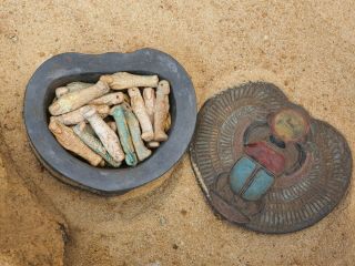 Rare Antique Ancient Egyptian Jewelry Box 39 Scarabs,  14 Ushabti Luck 1820 Bc