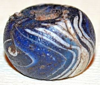 Ancient Blue & White Islamic Folded Wound Glass Bead Found Mali,  Africa,  Trade