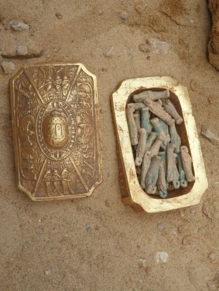 Rare Antique Ancient Egyptian Jewelry Box 55 Scarabs,  22 Ushabtis Gods 1860 Bc