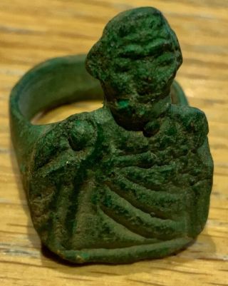 Antique Or Ancient Bronze Ring Formed As A Roman Male Wearing A Toga