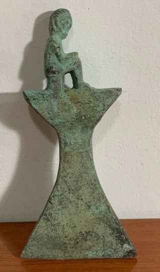 Circa 1000 Bce Ancient Luristan Bronze Axe Head With Seated Figure On Top 190mm