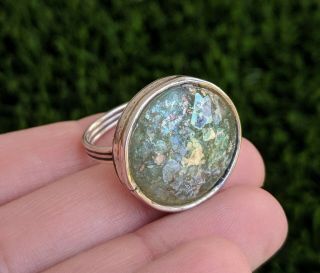 Round Ancient Roman Glass Sterling Silver 925 Ring Size 7.  5