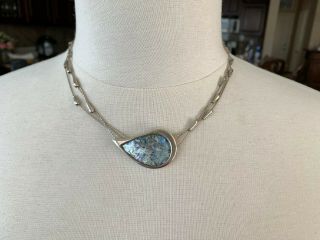 Signed Ancient Roman Glass Sterling Silver Necklace W/ Modernist Pendant